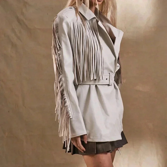 Beige Casual Women's Western Boho Fringe Woven Fabric Jacket - Picture 2 of 5